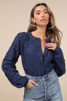 Looking for a chic option for everyday wear? We can't get enough of the Lulus Contemporary Flirt Navy Blue Embroidered Balloon Sleeve Top! Lightweight woven fabric boasts an embroidered floral design with 3D applique accents throughout. Long balloon sleeves with button cuffs frame a bodice with a crew neckline and a functional button placket at the front. Rounded hems complete the look. Fit: This garment fits true to size. Length: Size medium measures 22.5" from shoulder to hem. Bust: Great for Blue Tops For Fall, 3d Applique, Balloon Sleeve Top, Navy Blue Top, Long Balloons, Blue Top, Balloon Sleeves, Button Placket, Crew Neckline