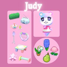 a pink background with various items and the word juicy on it's left side