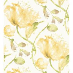 yellow flowers on white background with green stems and leaves in the foreground, watercolor style