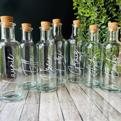 six empty glass bottles with writing on them