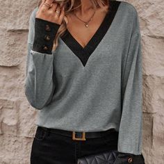 New V-Neck Long Sleeve Top Armpit To Armpit 21.4” L,8,10 Length 26.4” 57% Cotton, 38% Polyester, 5% Elastane Soft Color Block Light Grey / And Back Trim Fall Winter Spring Summer Luxury Ladies Women’s Wear Winter All Season Shirts & Blouses Jersey Tops Party Day Going Out Shirts White Accessories Dress Style Cocktail Sleeves Cardigan Pair With Sweater Preppy Sexy Hot Boho Trendy Vogue Posh Sassy Girly Date Night Elegant Dressy Fashionable Chic Tomboy Simple Bold Fun Classy Office Classy Wedding Blouses For Women Chic, Contrast Top, Dresses For Weddings, Chic Blouses, Clothing Cute, Plus Size Outfit, Effortless Chic, Looks Style, Cuff Sleeves