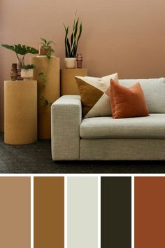 a living room filled with furniture and lots of color swatches in shades of brown