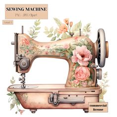 an old sewing machine with flowers painted on it's side and the words sewing machine below