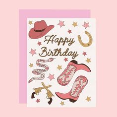 A white card with western graphics on it and rope text that reads, Happy Birthday. Cowgirl Birthday Card, Happy Birthday Cowgirl, Birthday Card Inside, 2000s Theme, Pink Cowboy Boots, Pink Cowboy, Cowboy Theme, Cowgirl Birthday, Planner Gift