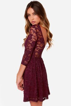 Lulus Exclusive! Just like your favorite radio tune, you'll sing along to the sweet style of the Our Song Burgundy Lace Dress! Sheer burgundy lace falls from a rounded neck into 3/4 length sleeves, creating an alluring scoop accent at back, while the knit-lined bodice creates a darling sweetheart silhouette at front. A fitted elasticized waist makes way for the full skater skirt below. Front of bodice and skirt are lined in burgundy stretch knit. Model is 5'8" and wearing a size small. 90% Ny... Red Semi Formal Dress, Middle School Dance Dresses, Semi Formal Dresses Long, Long Sleeve Burgundy Dress, Burgundy Lace Dress, Middle School Dance, Bridesmaid Dresses Under 100, Semi Dresses, Plus Size Bridal