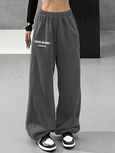 Plus Size Slogan Print Elastic Waist Casual Baggy Sweatpants Dark Grey    Fabric  Jogger Slight Stretch  Women Plus Clothing, size features are:Bust: ,Length: ,Sleeve Length: Wide Leg Pants Casual, Hot Sweater, Baggy Sweatpants, Fleece Sweatpants, Pants Casual, Loose Pants, Really Cute Outfits, Casual Style Outfits, Dream Clothes