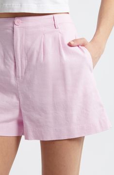 Crisp pleats add structure to these breezy trouser-shorts cut from a lightweight and airy linen blend. 2 1/2" inseam; 26" leg opening; 14" front rise; 15" back rise (size Medium) Zip fly with button closure Side-seam pockets Lined 53% linen, 44% rayon, 3% spandex Machine wash, tumble dry Imported Linen Bottoms For Daywear With Short Length, Linen Bottoms For Daywear, Linen Shorts For Daywear, High-waisted Linen Shorts For Daywear, Chic Wide Leg Linen Shorts, Linen Bottoms With Built-in Shorts For Daywear, Chic Linen Bermuda Shorts For Spring, Linen Shorts For Daywear In Spring, Linen Shorts For Spring Daywear