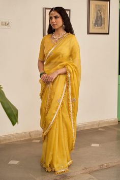 Yellow sheer woven textured saree with marori embroidered butti patterns and pleated lace border. Comes with blouse. - Aza Fashions Navratri V-neck Blouse With Resham Embroidery, Traditional V-neck Blouse With Zari Work, Slub Silk Pre-draped Saree With Zari Work For Puja, V-neck Traditional Wear For Eid, Traditional V-neck Blouse Piece For Diwali, Traditional V-neck Saree For Puja, Traditional V-neck Blouse For Diwali, Traditional V-neck Kurta With Pallu, Festive V-neck Kurta With Pallu