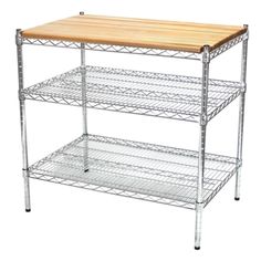 three tier metal shelving unit with wooden top