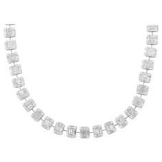 A FABULOUS piece!! 27.64 carats of F color VS clarity baguette and round diamonds set as single illusion emerald cut diamonds! Full of sparkle and brilliance this necklace is a fabulous piece to add to any collection. 18k white gold 15 inch length but can be adjusted if necessary, approximately 8mm wide or 0.314 inches. -Matching earrings and bracelet are available in our 1stDibs store- White Diamond Necklace, Gold Link Necklace, Diamond Tennis Necklace, Contemporary Necklace, Round Diamond Setting, Jewelry Design Inspiration, Chic Necklace, Emerald Bead, Emerald Cut Diamond