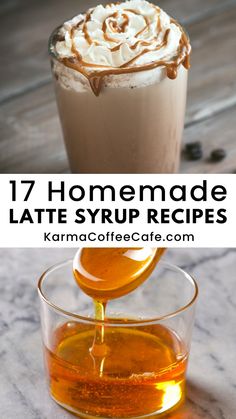 homemade latte syrup recipe in a glass cup with caramel and whipped cream on top