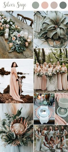 a collage of photos with flowers, candles and bridesmaid's dresses