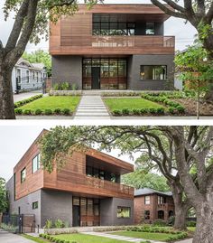 two different views of a modern house with trees in the foreground and on the far side