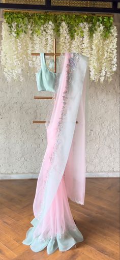 Customised Saree Designs, Pastel Colour Saree For Farewell, Orgenza Saari Blouse Design, Party Wear Indian Sarees, Trendy Saree Designs, Simple Sarees For Farewell, Girlish Sarees For Farewell, Pastel Colour Saree, Latest Trendy Sarees