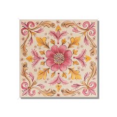 a square tile with pink and yellow flowers on the bottom, surrounded by swirls