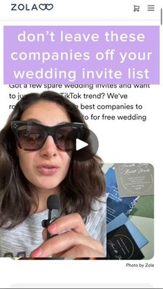 a woman wearing sunglasses and holding a microphone in front of her face with the words, don't leave these companies of your wedding