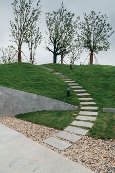 stone steps lead up to the top of a grassy hill