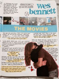 a couple kissing each other in front of a newspaper page with pictures and words on it