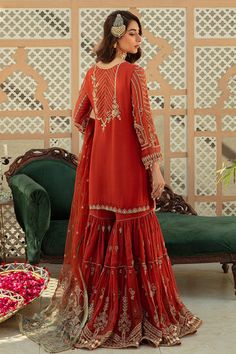 Rust Maroon Pakistani Wedding Dress in Kameez Gharara features an crinkle shirt with thread, sequin and self jaal embroidered on front, back and sleeves, Pakistani Wedding Dress, Net Fabric, Net Dupatta, Organza Fabric, Pakistani Wedding, Make Color, How To Dye Fabric, Embellished Dress, Bridal Dress