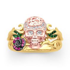 "Forever Romance" Skull and Rose Sterling Silver Ring from Jeulia.com Jeulia Jewelry, Sterling Silver Skull Rings, Silver Skull Ring, Arte Robot, Sterling Silver Rings Set, Pink Skull, Silver Ring Set, Skull Jewelry, Geometric Necklace