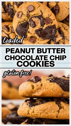 peanut butter chocolate chip cookies stacked on top of each other with the title text below