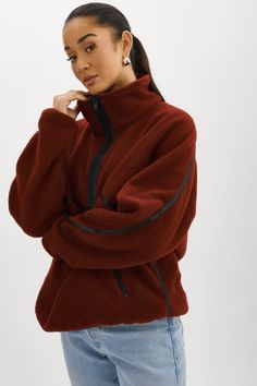 Perfect for weekends on the go, the HELSA half-zip pullover takes the athleisure aesthetic to tasteful new heights. The texture of the fluffy polar fleece is contrasted with faux-leather piping throughout, producing a closet must-have for tackling cold weather this season. Fleece Sweater Women, Athleisure Aesthetic, Fleece Outfit, Patchwork Hoodie, Winter Shopping, Winter Outfits Cold, Cozy Winter Outfits, Cold Outfits, Fashion Aesthetics