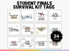 the student final survival kit tags are shown in black and white, with colorful lettering on them