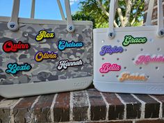 Personalize your beach bags and totes with these retro style font name plates! Fully customizable, you can pick your text, base/background color, and font color! I also offer two different sizes of charms so pick whichever fits the layout of your bag the best! Size simply impacts how large the font and charm is. it does not affect what type or size of bag you can put it on, so just pick whether you would like the charm to look bigger or smaller on your bag! Extremely easy to install! Utilizing a screw and socket system, just insert the charm socket into the desired hole on your bag and screw the custom printed screw into the socket on the charm. This insures a tight fit to your bag so the charm does not fall off or spin when in use! Each charm is 3D printed from a material called PLA. PLA Personalized Multicolor Bags For Everyday Use, Personalized Multicolor Trendy Bag, Personalized Trendy Multicolor Bag, Trendy Personalized Multicolor Bag, Personalized Casual Tote Bag, Personalized Casual Bags For Daily Use, Casual Personalized Tote Bag, Casual Personalized Bags For Daily Use, Trendy Customizable Bags