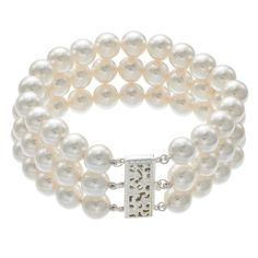 Three rows of near-round freshwater cultured pearls give this sterling silver bracelet timeless appeal. Click on this JEWELRY & WATCHES GUIDE to learn about fit, styles, materials and more!BRACELET DETAILS Length: 7.5 in. Clasp: safety Metal: sterling silver Plating: rhodium Packaging: boxed CULTURED PEARL DETAILS Type: freshwater Shape: near-round Size: 6-7 mm Color: white Gemstones may have been treated to enhance their appearance. Special care may be required. Please visit our Gemstone Treatm Timeless Silver Pearl Jubilee Bracelet, Timeless Silver Pearl Bracelet For Formal Occasions, Timeless Silver Pearl Bracelets, Elegant Round Beaded Bracelets For Formal Occasions, Elegant Beaded Bracelets For Formal Occasions, Elegant Formal Beaded Bracelet, Formal White Sterling Silver Oyster Bracelet, Elegant Sterling Silver Oyster Bracelet For Formal Occasions, Elegant Pearl Bracelet With Sterling Silver Clasp