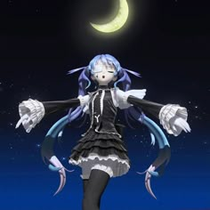 an anime character is standing in the moonlight with her arms spread out and eyes closed