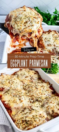 an eggplant parmesan casserole in a white dish with the title overlay