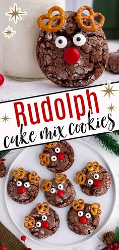 rudolph cookies are on a plate with reindeer noses