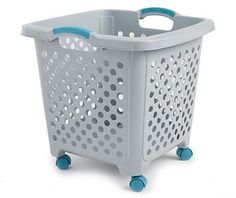 a plastic laundry basket on wheels with blue handles and holes in the front, against a white background