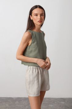 SONATE Linen Tank Top / Sleeveless Blouse / Linen Crop Top - Etsy Summer Cotton Camisole With Scoop Back, Summer Cotton Scoop Back Camisole, Cotton Scoop Back Top For Summer, Relaxed Fit Scoop Neck Crop Top For Summer, Casual Scoop Back Tank Top For Summer, Green Crew Neck Vest For Summer, Relaxed Fit Sleeveless Crop Top, Casual Boat Neck Tops For Summer, Casual Summer Tops With Boat Neck