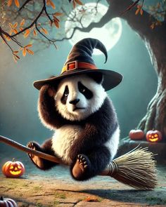 a panda bear dressed as a witch with a broom and pumpkins on the ground