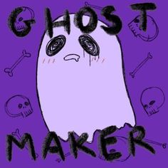 the ghost maker is depicted on a purple background with skulls and bones around it's eyes