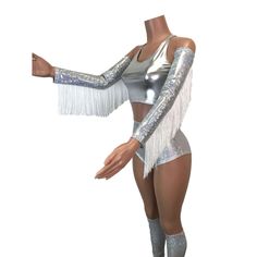 Space Cowboy Rave Outfit, Long Sleeve Fringe Tops For Festivals, Rave Cowgirl, Rave Arm Sleeves, Rave Outfits Mermaid, White Fringe Festival Cover-up, Space Cowgirl Costume