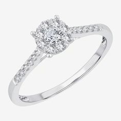 Ring Style: Engagement Rings, Side Stone RingsDiamond Clarity: I2-I3Setting: Multi-SettingShape: RoundStone Cut: RoundDiamond Color: I-JMetal Color: WhiteCenter Stone Weight: 1/7 Ct.Ring Gallery Height: 5.9mmRounded Carat Weight: 1/3 Ct. T.w.Care: Wipe CleanStone Type: 21 Natural DiamondAuthenticity: Natural DiamondMetal: 10k White GoldCountry of Origin: Imported 14k White Gold Cluster Promise Ring, Promise Ring With Halo Setting And Cluster Shape, Promise Ring With Cluster Prong Setting, Cluster Promise Ring With Prong Setting, Promise Ring With Cluster Halo Setting, Promise Cluster Ring With Halo Design, White Cluster Ring With Halo Design For Promise, Fine Jewelry Halo Design Promise Ring, White Cluster Diamond Promise Ring