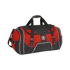 Engineered to hold enough for days of serious travel with a a wide opening and a huge cargo compartment. Front zippered pocket, Ventilated shoe compartment with grab handle, Large U-shaped opening and compartment, Custom-molded handle, Side-zippered accessory pocket, Padded shoulder strap, All metal hardware. Custom OGIO Rage Duffel Bag in Red | 420 Denier | Bags | Cotton Duffels Bags Red Sporty Outdoor Bag, Sporty Red Outdoor Bag, Functional Red Bag For Trip, Functional Red Luggage For Travel, Functional Red Bags For Trip, Red Duffle Bag For Travel With Zipper Closure, Functional Red Travel Luggage, Functional Red Travel Bag For Outdoor Activities, Red Rectangular Duffle Bag With Zipper Closure