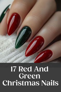 Green And White Sparkly Nails, Green Nails Red Tips, Bright Red Nails Christmas, December Stilleto Nails, Easy Festive Nails, Dnd Gel Christmas Colors, Green Red Nails Christmas, Christmas Nails Acrylic Almond Red, Christmas Simple Nail Art