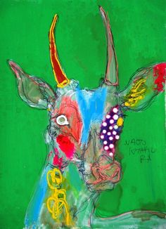 a painting of a cow with colored spots on it's face and horns, against a green background