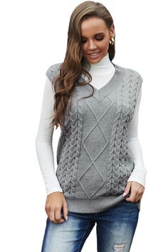 Gray Sleeveless Cable Knitted Sweater Tank Wacky Clothes, Sleeveless Jumper, Cozy Style, Chunky Knit Sweater, Knitted Vest, Sweater Vest Women, Vest Pattern, Sweater Tank, Vest Shirt