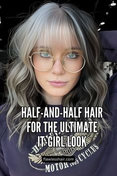 Dark Brunette With Ashy Blonde Half Blonde Half Black Hair With Bangs, Two Toned Blonde And Brown Hair, Black And Blonde Halo Hair, Witchy Blonde Hair, Brown Hair Bleached Ends, Half Blonde Bangs Dark Hair, Split Dye Black And Blonde, Half And Half Hair Color Ideas, Color Block Hair With Bangs