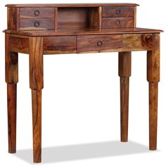 a wooden desk with two drawers on top and one drawer at the bottom, sitting against a white background