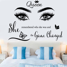 a bedroom wall sticker with the words queen and eyelashes