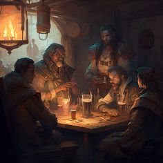 a group of people sitting around a table with beers in front of them and lights on