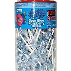 sour blue raspberry flavored lollipops in a jar