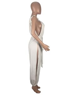 White Sleeveless Halter High Side Slitting Jumpsuit Chic Sleeveless Bodysuit For Loungewear, Sleeveless Maxi Dress With Side Slits For Beachwear, Sleeveless Beachwear Dress With Side Slits, Sleeveless Stretch Maxi Dress For Loungewear, Stretch Sleeveless Maxi Dress With Split Design, Sleeveless Stretch Maxi Dress With Split Design, Sleeveless Solid Maxi Dress With Side Slits, Sleeveless Bodysuit For Loungewear, Solid Color Sleeveless Maxi Dress With Side Slits