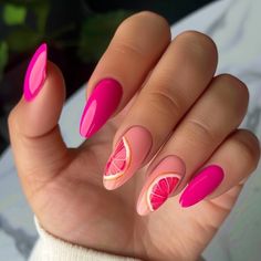 Summer Nails With Fruits, Fruity Nails Summer, Fruit Themed Nails, Summer Nail 2024, Nails With Fruit, Grapefruit Nails, Love Nails Design, Fruits Nails, Nail Art Fruit