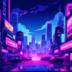 an image of a city at night with neon lights